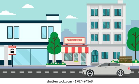 Flat Building Shopping Street  with car.Vector illustration.Cityscape and public park.Shop facade on road with car.Modern store buildings .Business street and bus stop.