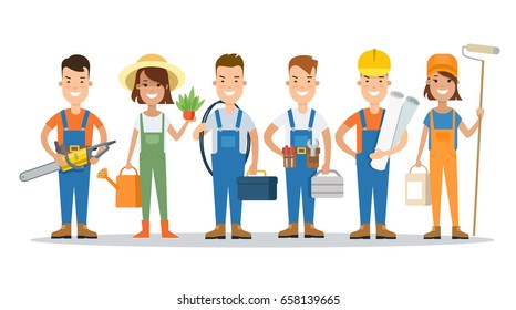 Flat Building Team vector illustration. Successful Constructing teamwork concept.