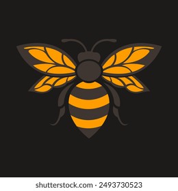 Flat bumblebee with two leaves. Vector graphic design on black background