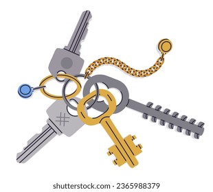 Flat bunch of keys. Hand drawn apartment or house keys. Real estate property locking keys cartoon vector illustration. Key bunch with keyring, keychain and plastic tag