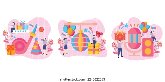 Ilustración de diseño de fiesta rosa de cumpleaños de paquete plano