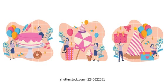 Flat Bundle Birthday Sweet Cake Design Illustration