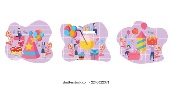 Ilustración de diseño de fiesta dulce de cumpleaños con paquete plano