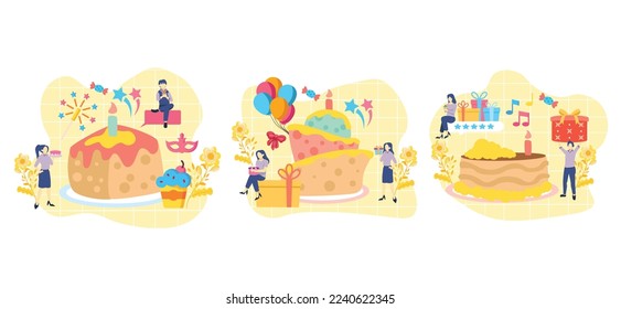 Flat Bundle Birthday Yellow Cake Design Illustration
