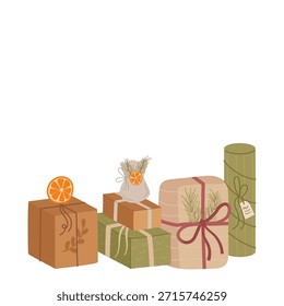El Paquete plano de la caja de regalo ecológica de moda con cinta kraft presenta un paquete verde para Navidad y vacaciones. Caja de regalo y regalo en estilo gráfico moderno, perfecto para la celebración de temporada.