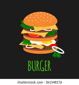 Flat burger illustration on a black background. Vector