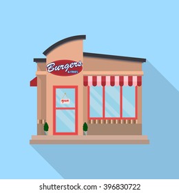 Flat burger restaurant building block infographic concept. Street corner fast food burgers fries cola dinner.