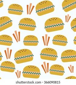 Flat burgers seamless back pattern with fries blue