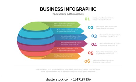 Flat business 3D circle infographic vector with six steps included, suitable for presentation with 16:9 aspect ratio