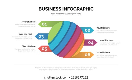 Flat business 3D circle infographic vector with six steps included, suitable for presentation with 16:9 aspect ratio