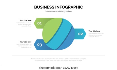 Flat business 3D circle infographic vector with three steps included, suitable for presentation with 16:9 aspect ratio