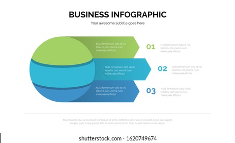 Flat business 3D circle infographic vector with three steps included, suitable for presentation with 16:9 aspect ratio