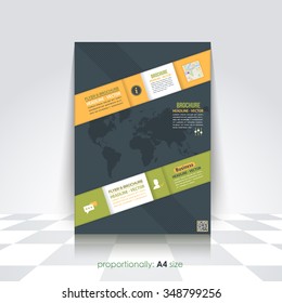 Flat Business A4 Flyer and Brochure. World Map and Catalog Cover, Corporate Leaflet and Background Design