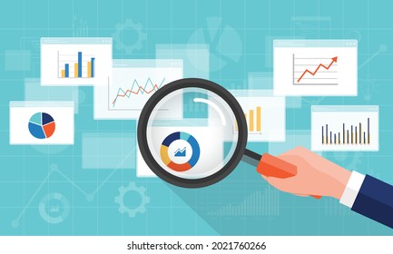 flat business analytics graph dashboard and finance investment planning background with hand hold magnifying glass for research concept