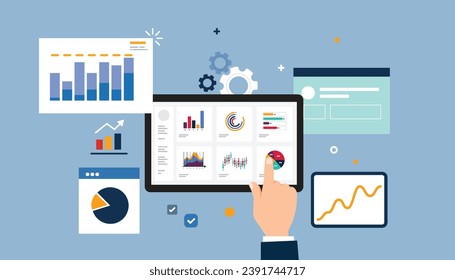 Flat business analytics graph on mobile or tablet device and finance investment planning background.