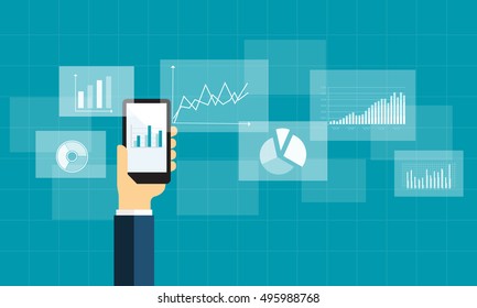 flat business analytics graph on mobile device and finance investment planning background