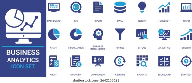 Flat business analytics icons including KPI, dashboard, data, insights, trends, BI tools, and strategy. Perfect for reports, analysis, and presentations.