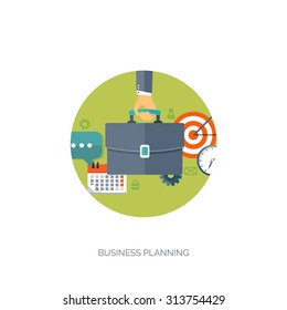 Flat business background. Portfolio. Time management. Alarm. Planning. Aims and smart solutions.