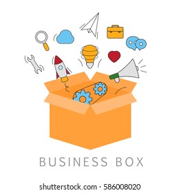 Flat business box isolated on white background,vector illustration.For app,ads,advertising,application and web site.Inspiration concept with flat symbols set.Think outside the box