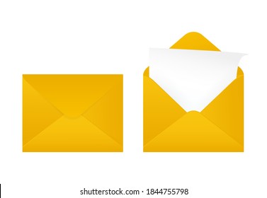 Flat business card with yellow envelope closed on white background for paper design. Blank business card. White background, isolated.