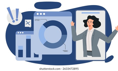 Conjunto de ilustrações de caractere comercial plano. Profissionais com gráficos, análises e elementos de relatório. Ideal para apresentações, marketing, finanças e design de IU corporativa.
