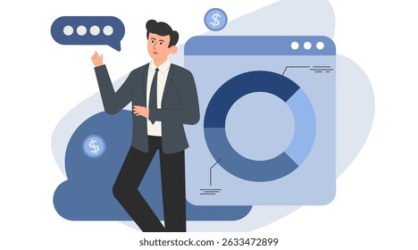 Conjunto de ilustración de personaje de negocios plano. Profesional a las personas con gráficos, análisis y Elementos de informes. Ideal para presentaciones, marketing, finanzas y diseño de interfaz de usuario corporativa.