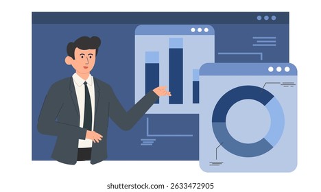 Flat business character illustration set. Professional people with charts, analytics, and report elements. Ideal for presentations, marketing, financial, and corporate UI design.