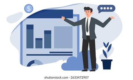 Flat business character illustration set. Professional people with charts, analytics, and report elements. Ideal for presentations, marketing, financial, and corporate UI design.