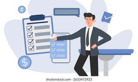 Flat business character illustration set. Professional people with charts, analytics, and report elements. Ideal for presentations, marketing, financial, and corporate UI design.
