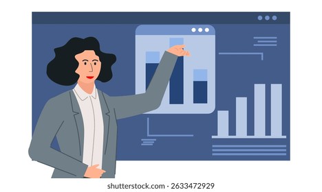 Flat business character illustration set. Professional people with charts, analytics, and report elements. Ideal for presentations, marketing, financial, and corporate UI design.