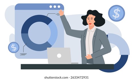 Conjunto de ilustrações de caractere comercial plano. Profissionais com gráficos, análises e elementos de relatório. Ideal para apresentações, marketing, finanças e design de IU corporativa.