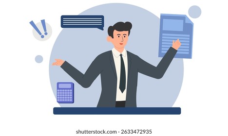 Flat business character illustration set. Professional people with charts, analytics, and report elements. Ideal for presentations, marketing, financial, and corporate UI design.