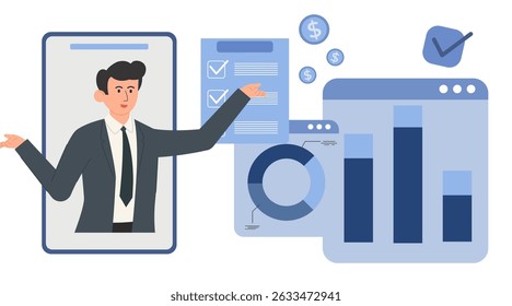 Flat business character illustration set. Professional people with charts, analytics, and report elements. Ideal for presentations, marketing, financial, and corporate UI design.