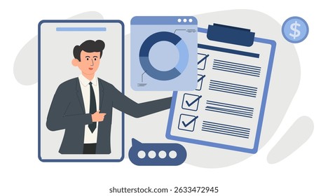 Flat business character illustration set. Professional people with charts, analytics, and report elements. Ideal for presentations, marketing, financial, and corporate UI design.