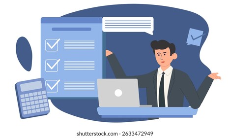 Flat business character illustration set. Professional people with charts, analytics, and report elements. Ideal for presentations, marketing, financial, and corporate UI design.