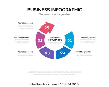 Flat business circle arrow infographic vector with five steps included, suitable for presentation with 4:3 aspect ratio