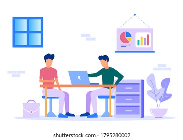 Flat business concept vector illustration. Office workspace discussions with coworkers, elegant interiors, exchange of ideas, boards with infographics in the background.