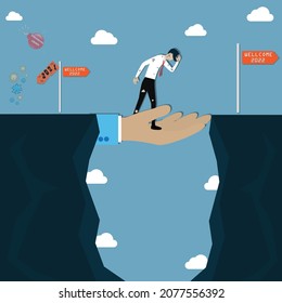 Flat of business concept,A businessman walks across the ravine on big hand , Big company helping small company to get through the economic crisis - Vector Illustration