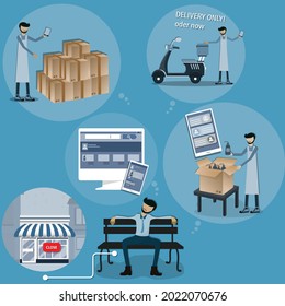 Flat of business concept,A man planning for recovery his business afterwards the crisis,He design the shop to online service and delivery only,business adaptation concept - vector Illustration