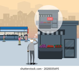 Flat Of Business Concept,The Senior Owner Standing In Sad Mood And See His Store Close, Business Adaptation Concept - Vector Illustration