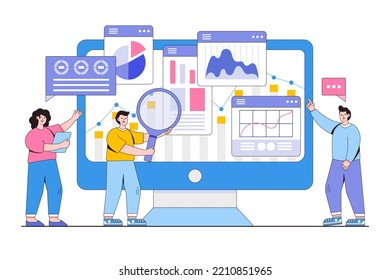 Flat business data analysis, research, planning and statistics concept. People working for monitoring web report dashboard and finance investment. Outline design style minimal vector illustration.