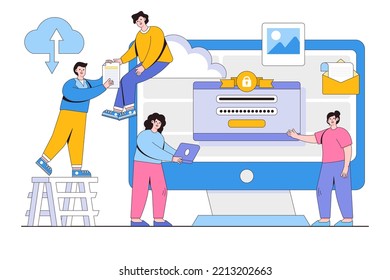 Flat Business data storage recovery and backup concept. Workers restore media files into cloud storage on virtual server. Outline design style minimal vector illustration.