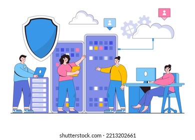 Flat business datacenter technology, developer technician team working with cloud computing service concept. Outline design style minimal vector illustration.