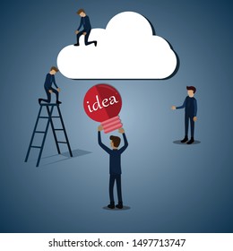Flat business design,Cloud technology,Imagination,Innovation concept with light bulb and cloud.Business people characters working together on new project. Vector Illustration
