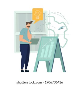 Flaches Business-Design, Büroangestellte studieren die Infografik, die menschliche Analyse der Evolutionsskala bei Fenster - Vektorgrafik