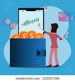 Flat of business finance, Young girl is trading in stock market with her phone,Stock market trader 
concept - Vector Illustration