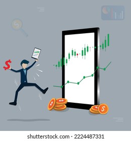Flat of business finance,The trader feeling happy when he looks a graph, Stock market trader concept - Vector 
Illustration