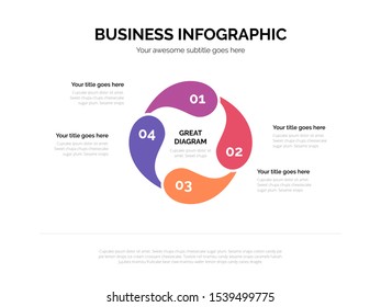 Flat business fluid circle vector infographic with four steps included, suitable for presentation with 4:3 aspect ratio