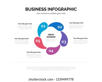 Flat business fluid circle vector infographic with five steps included, suitable for presentation with 4:3 aspect ratio