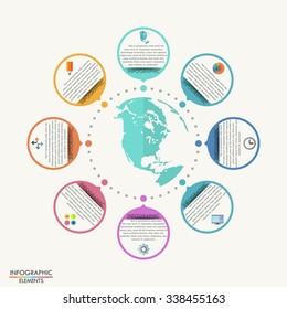Flat business global template with circle frames for 8 features. Can be used for workflow layout, banner, diagram, web design, infographic.